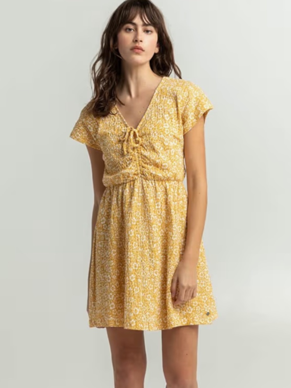 EUC Roxy Simple Thoughts Mini Yellow Floral Elastic Waist Tie Front Sundress SM